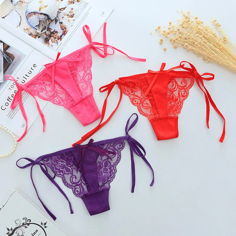 Bowknot Lifter Bragas Lace Underwear Women's Bandage Transparent Thongs and G String Flower Pattern Sexy Intimates  (10)