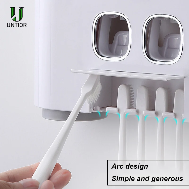 Billige UNTIOR Wand Montieren AutomaticToothpaste Dispenser Squeezer kunststoff sucker Zahnbürste Halter Badezimmer Zubehör Set Mit 4 Tassen