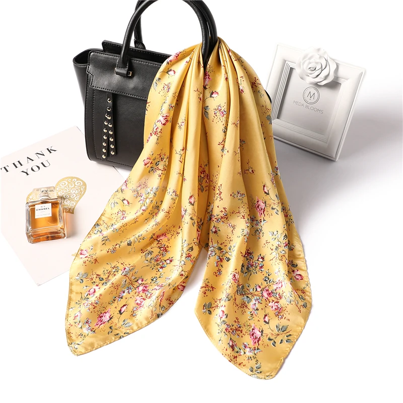

Smooth Silk Scarf for Women 2019 Floral Print Neck Hair Kerchief Lady's Foulard Head Band Female Square Scarves