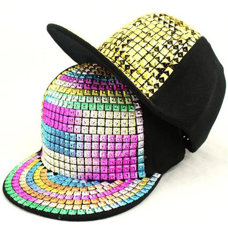 Bling caps hip hop flat peak snapback casquette de baseball chapeaux or clous/noir 012 