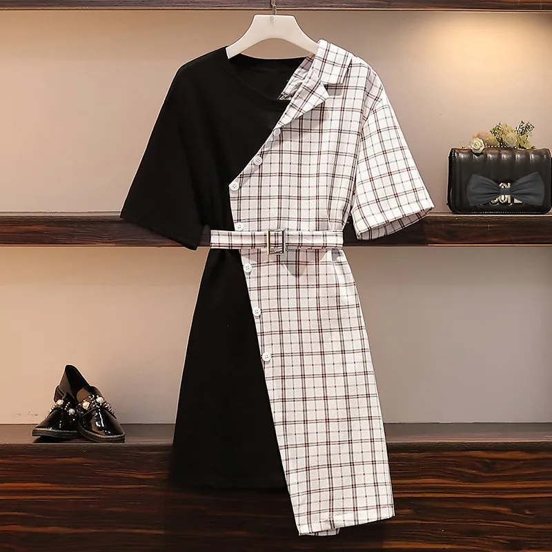 

L- 4XL Plus size Women Summer Short Sleeves Plaid Patchwork Irregular Dress Female Casual Dresses N002