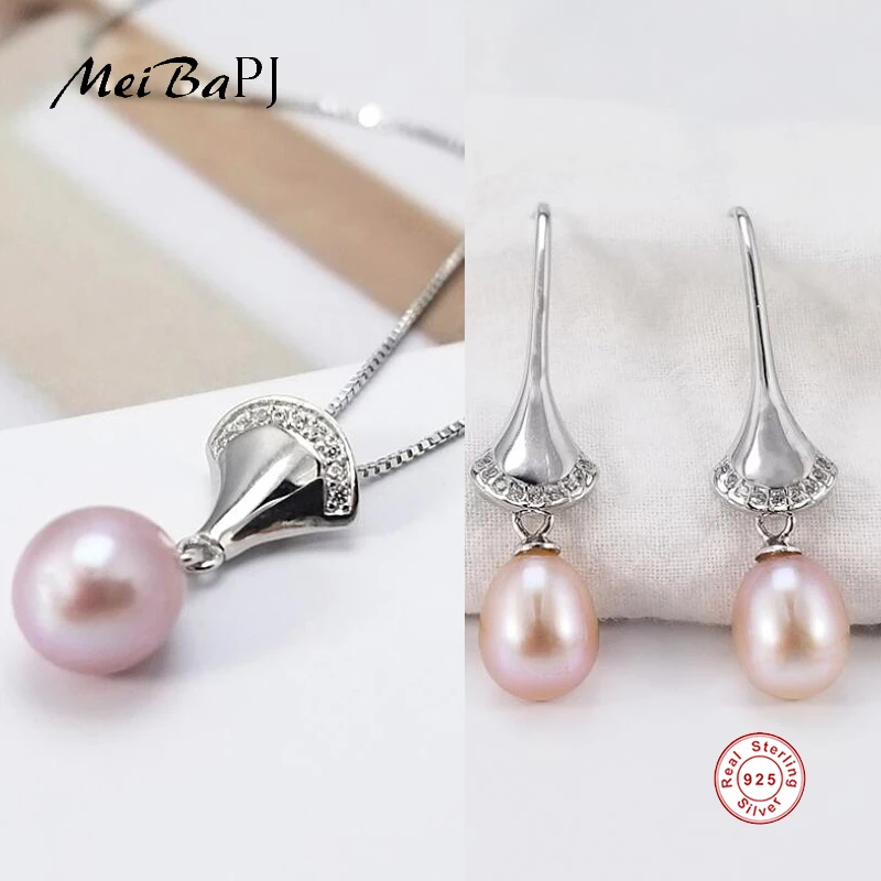 

[MeiBaPJ] 925 Sterling Silver Personality Jewelry Set Natural Pearl Pendant Necklace and Earrings Fine Sets for Women