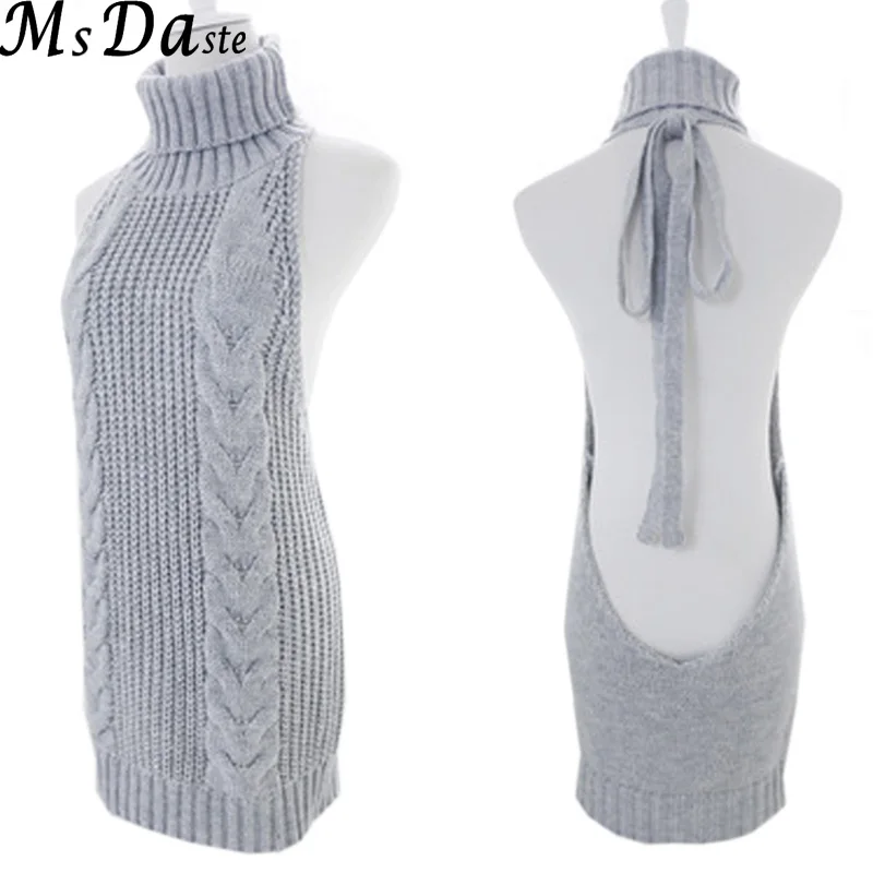 

2019 Sexy Bodycon Backless Women Sweater Dress Turtleneck Lace Up Knitted Pullovers Poncho Pull Femme Blue Black White Pink Gray