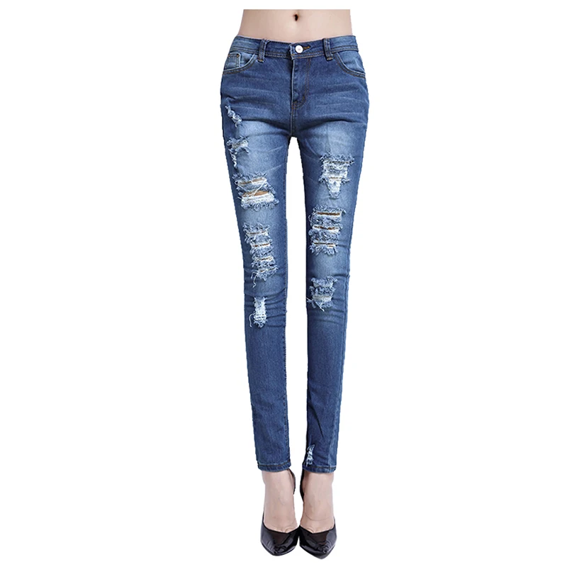 Женские Модные хлопковые джинсовые штаны стрейч женщин отбеливатель рваные обтягивающие джинсы, синий XL