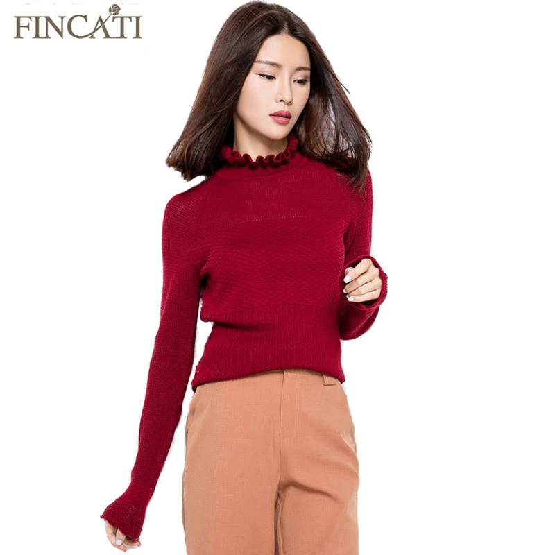 

Women Autumn Winter Ruffled Collar Cashmere Blend Knitted Pullover Sweater Female Hollow out Design Flare Sleeve Sweaters Pulls