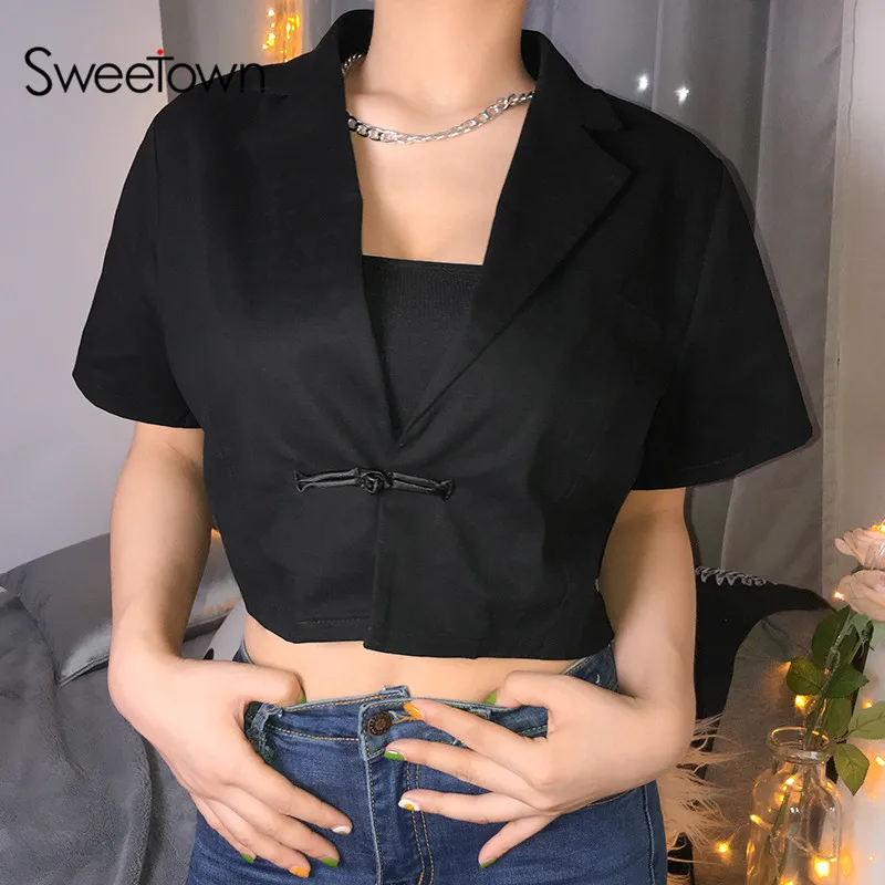 

Sweetown Women Black Solid Single Button Cropped Formal Jackets Short Sleeve Turn-Down Collar Wide-Waisted Summer Jacket Autumn