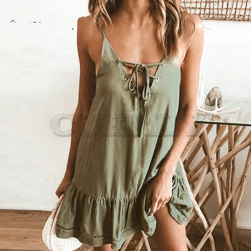 Image CUERLY Sexy Summer Dresses Women 2019 New CUERLY Strap Ruffles Lace Up Casual Sexy Dress Cotton Hollow Out Dress CUERLY