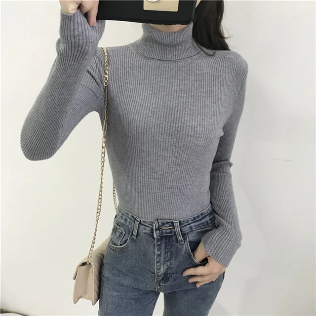 2022 Autumn Winter Thick Sweater Women Knitted Ribbed Pullover Sweater Long Sleeve Turtleneck Slim Jumper Soft Warm Pull Femme gray