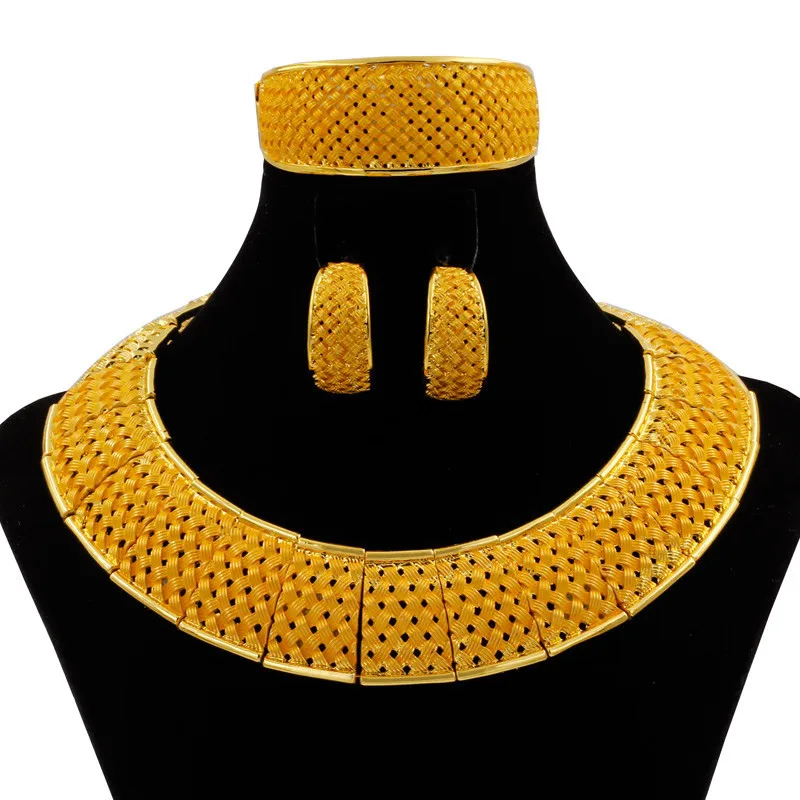 

African Fashion Women 24 Gold Jewelry Sets Simple Design Necklace Bracelet Earrings Glamour Bridal Wedding Accessories Jewelry