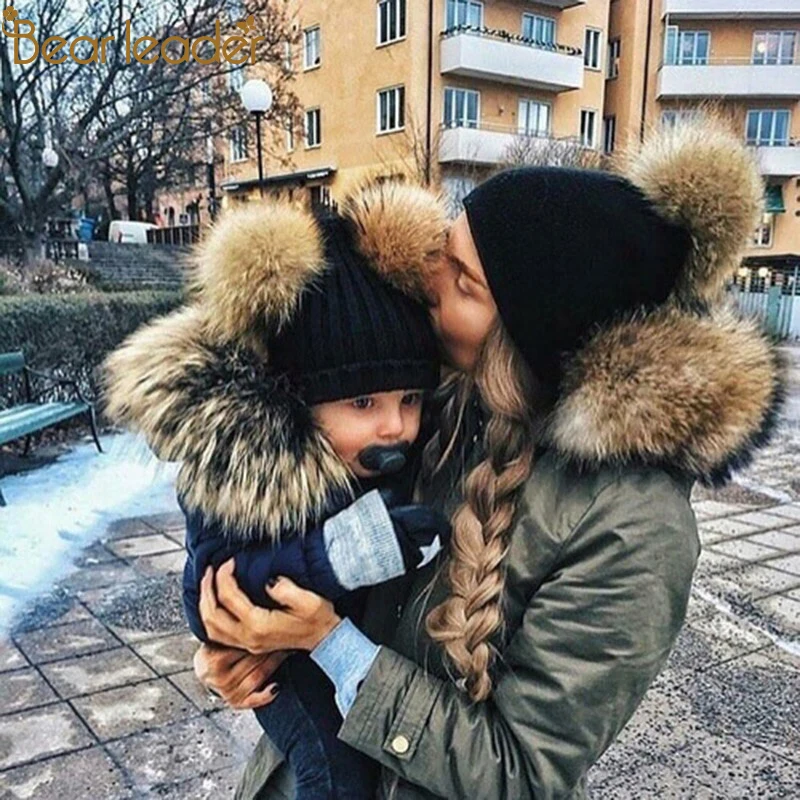 

Bear Learder Hats Mom And Baby Kids Cotton Knitted Parent-Child Winter Caps Double Fur Ball Beanie Cap