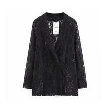 Черный женский кружевной пиджак, весна-лето, Женский шикарный прозрачный костюм, минимализм, куртки, тонкие винтажные топы для девочек, комплект одежды