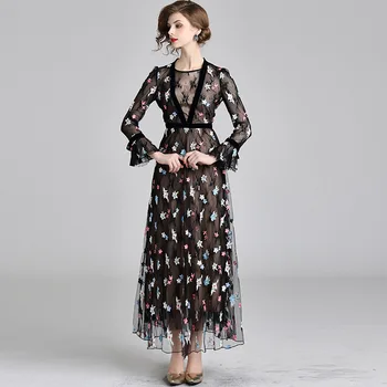 

2019 Dress Sexy Fashion Mesh Ruffles Embroidery Women Patchwork Full Flare Sleeve O Neck Night Club Body con Dresses Wholesale