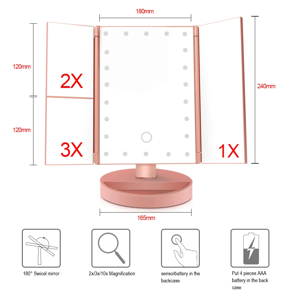 22 светодиодный светильник-зеркало для макияжа 3 складной увеличительное косметическое зеркало 1X/2X/3X/10X Лупа с сенсорным экраном настольная лампа