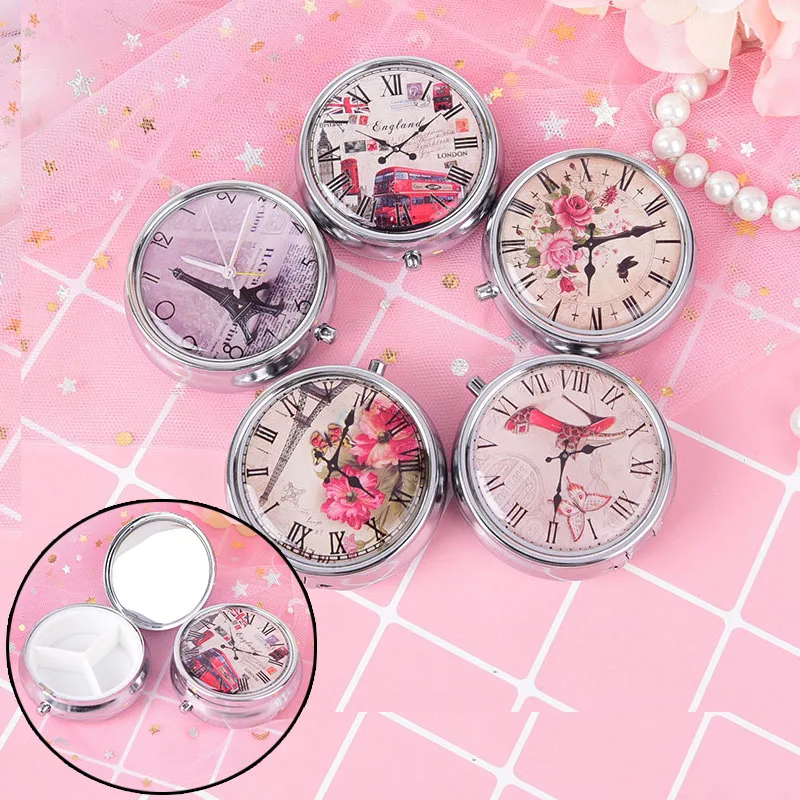 

Tower Clock Shape Folding Pill Case Portable Pill Box Makeup Storage Container Metal Pill Cutter Medicine Organizer Randomly