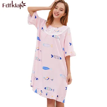

Fdfklak Large size casual women nightgown nightshirt short sleeve ladies cotton nightdress print summer night dress nightgowns