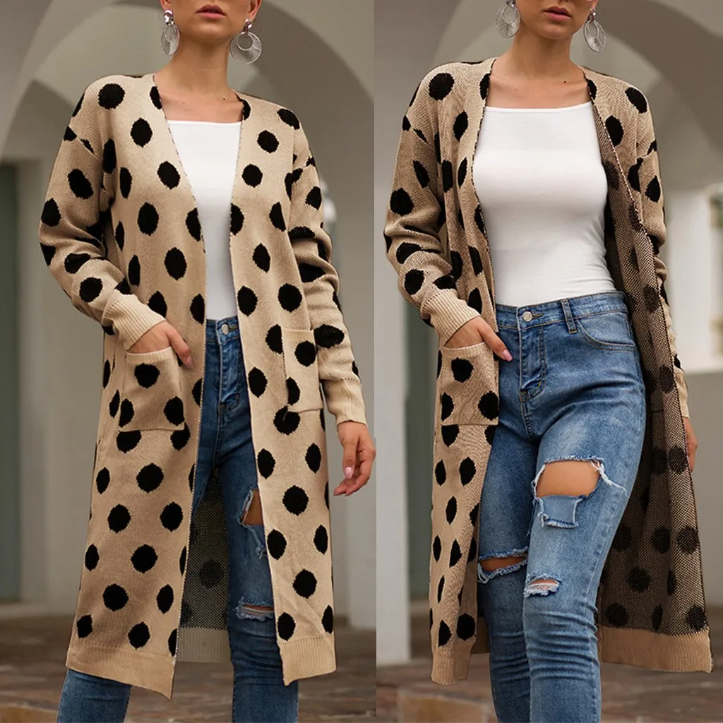 

New Fashion Women Pocket Knitted Dot Print Long Sleeve Cardigan Open Stitch Fit Ladies Top Long Sweater Coat кофта женская Z4