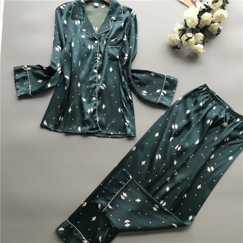 JRMISSLI Silk Pajamas Female High Quality Sleepwear Women Pure SILK Love Heart Print Long-Sleeved Pyjama Pants Two-Piece Sets