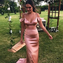Blush Pink Sexy Evening Dresses Mermaid Evening Gown Satin V Neck Spaghetti Straps Simple Long Formal Party Prom Dress