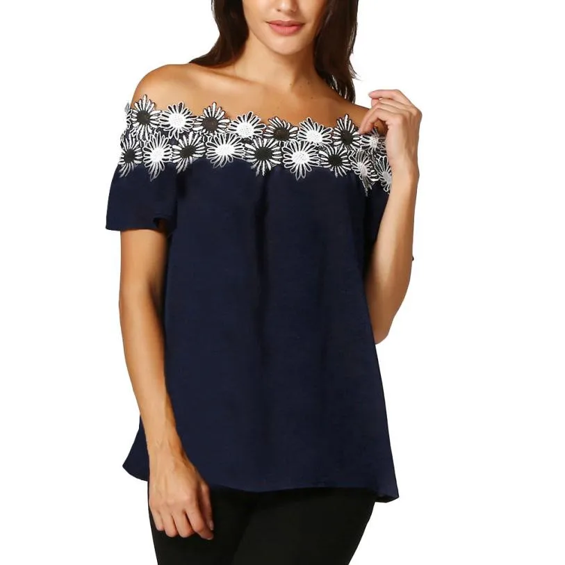 

Fashion Applique Flower Chiffon Blouse Women Summer Casual Loose Tops Shirt Elegant Ladies Short Sleeve Off Shoulder Blouses #YL