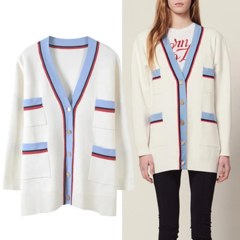 Women Sweater Cardigan Knitted Striped Plus Size Pockets Coat Femme Shrug Maxi Tops Runway Outwear Autumn Winter