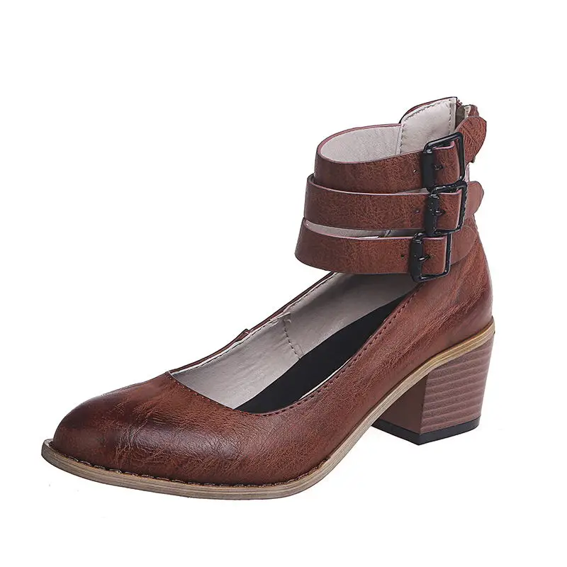 EOEODOIT/туфли-лодочки ручной работы в стиле ретро женские кожаные туфли на среднем массивном квадратном каблуке ботинки с пряжкой на лодыжке с закрытым носком размера плюс