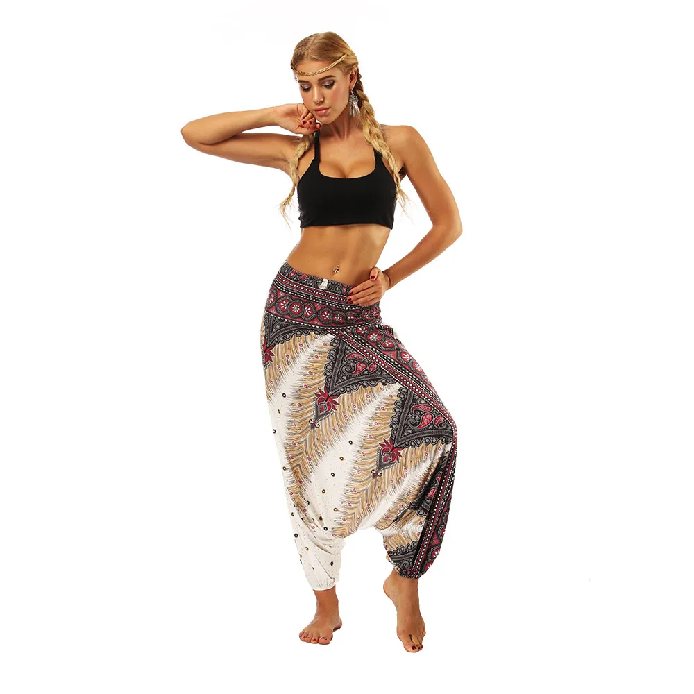 Женские летние пляжные брюки Boho Aladdin Gypsy Hippie, шаровары с эластичной талией, Женские Мешковатые брюки с принтом павлиньих перьев# T30 - Цвет: White