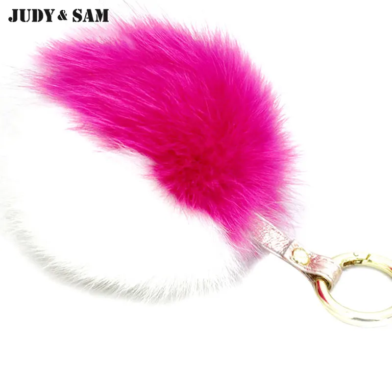 Show Fashion Big Size Real Raccoon Key Fur Pompon Ring 2 Colors Mixed Stylish Pom Pom Real Leather Accessories