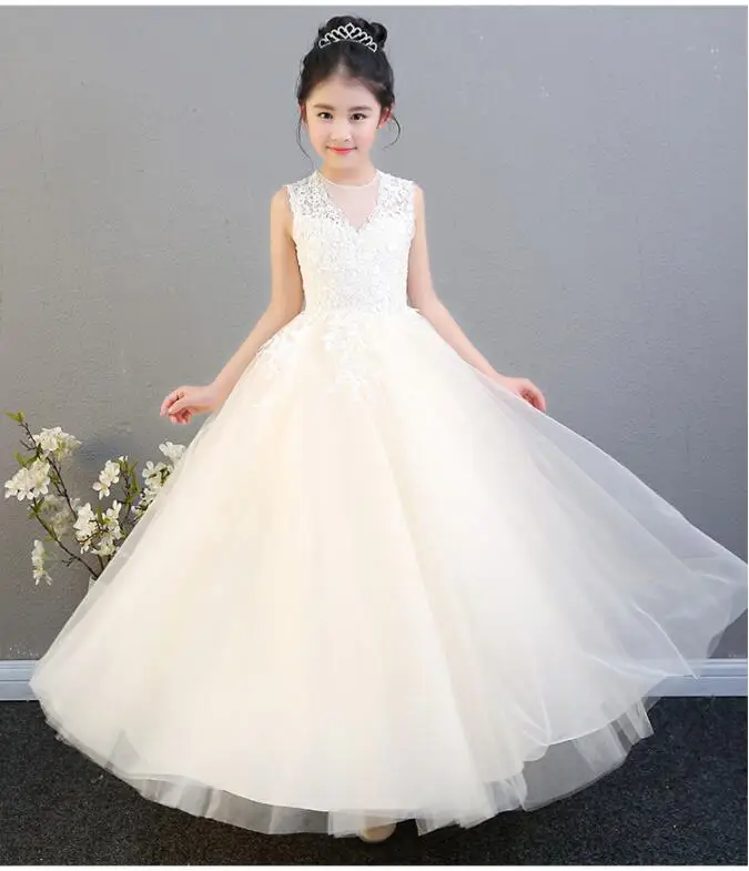 Elegant Champagne Tulle Flower Girl Dress For Weddings Lace Party Pageant Princess Gown Long Style Kids First Communion Dresses | Детская