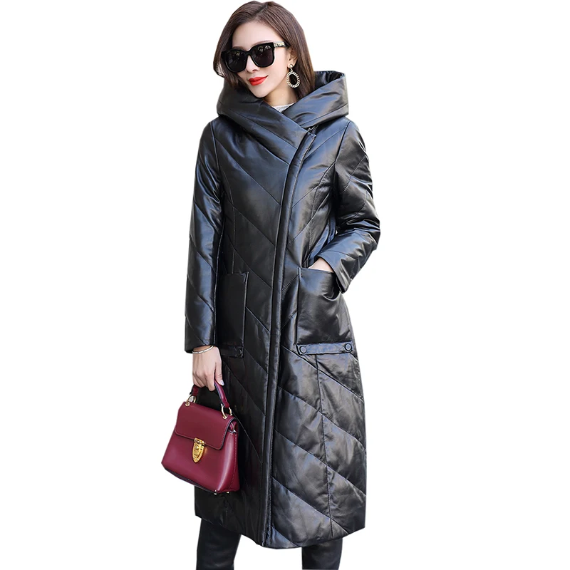 Plus Size Real Sheepskin Coats Genuine Leather Hooded Down Jackets Winter Women Long Jacket Genuine Leather Coats Outwear LL2018