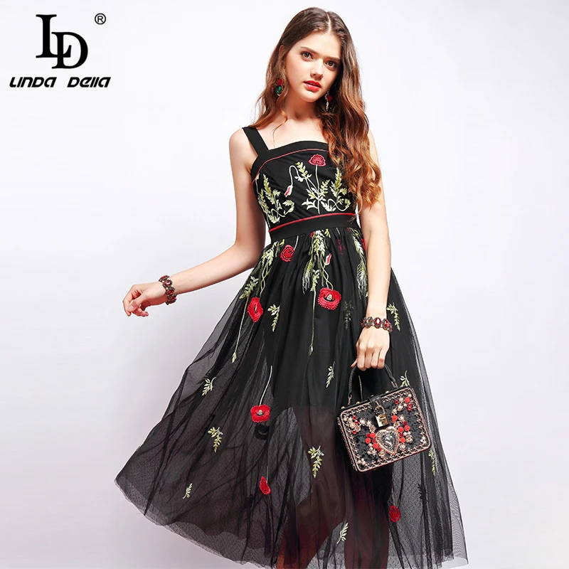 

LD LINDA DELLA Fashion Runway Summer Spaghetti Strap Dress Women's Sexy Backless Flower Embroidery Mesh Overlay Vintage Dresses