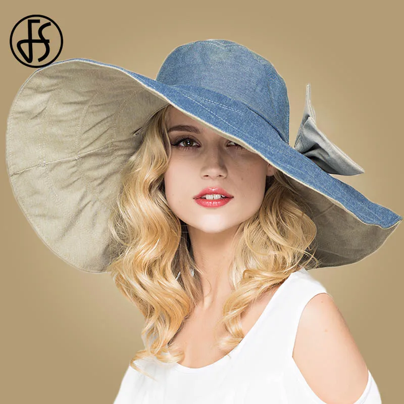 

FS Foldable Large Wide Brim Floppy Sun Hats For Women Summer Beach Hat With Bowknot Gorras Gray Pink Blue Girls Visor Caps