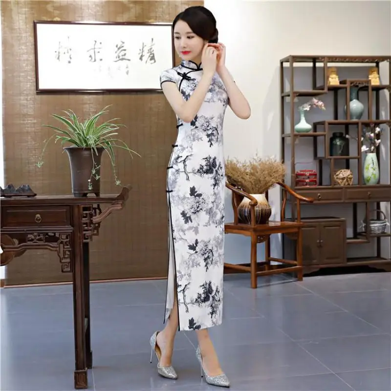 

2019 New Lady Sexy Chinese Dress White Slim Floral Cheongsam Print Casual Mandarin Collar Satin Qipao Oversized Vestidos M-3XL