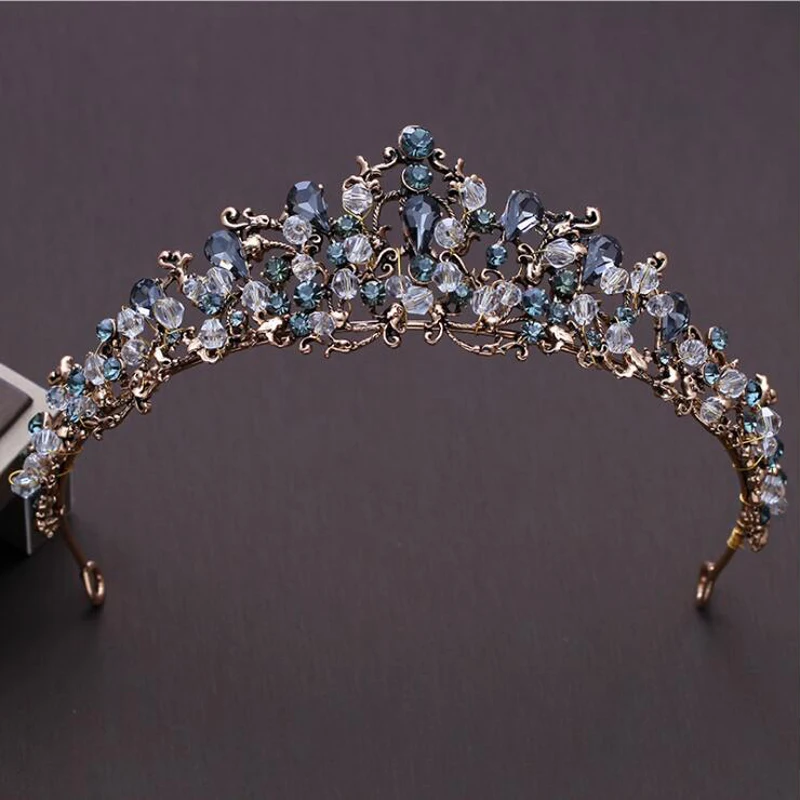 

KMVEXO New Vintage Baroque Gold Handmade Bride Wedding Hair Jewelry Dark Green Crystal Rhinestones Tiaras Bridal Crown Wholesale