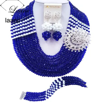 

Laanc Royal Blue and White Nigerian Beaded Jewelry Set Women African Wedding Beads C22P050