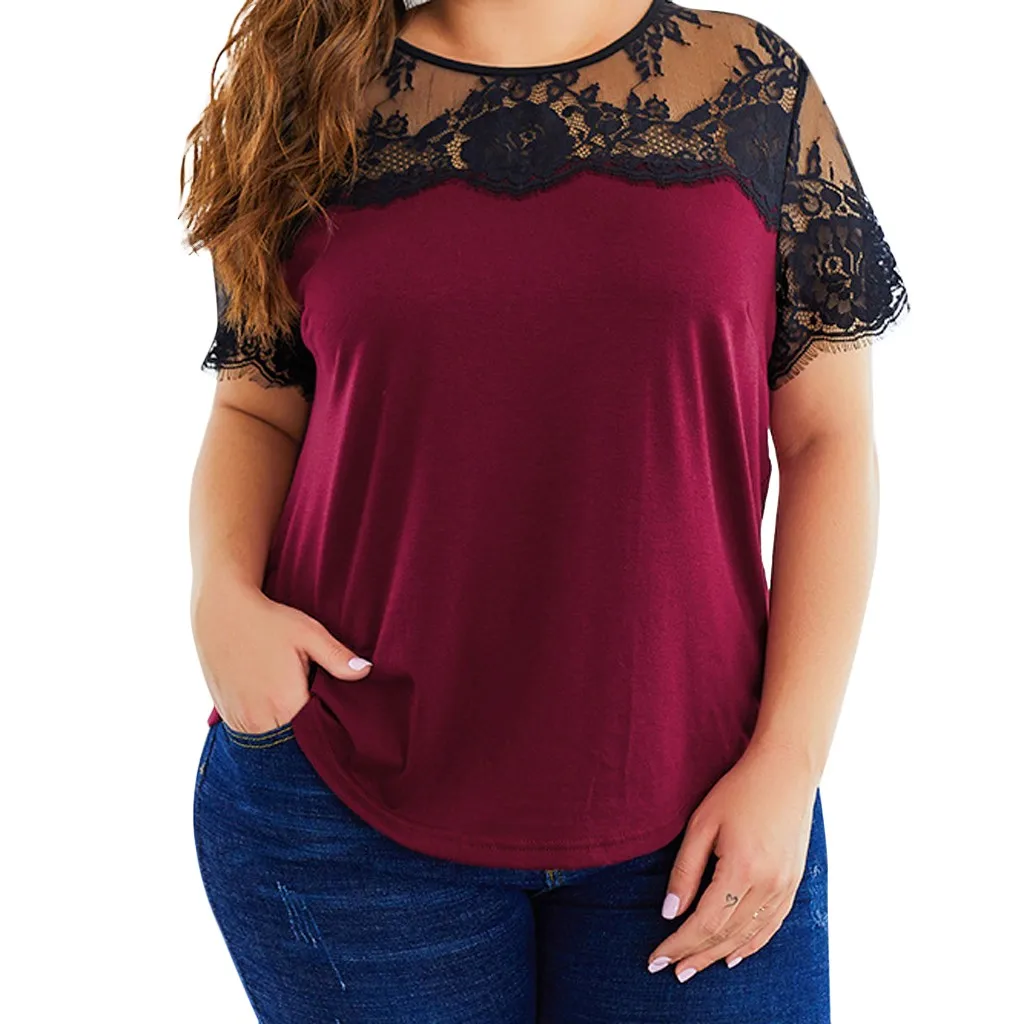 

Red Lace casual t shirt women plus size stitching summer tops for women 2019 O Neck Shirt Ladies Summer Short sleeve camisa#G6
