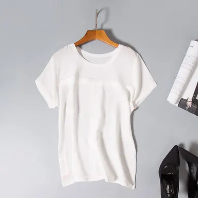 Новинка, цветная Базовая женская рубашка из натурального шелка с коротким рукавом, одноцветная футболка, топ - Цвет: beige