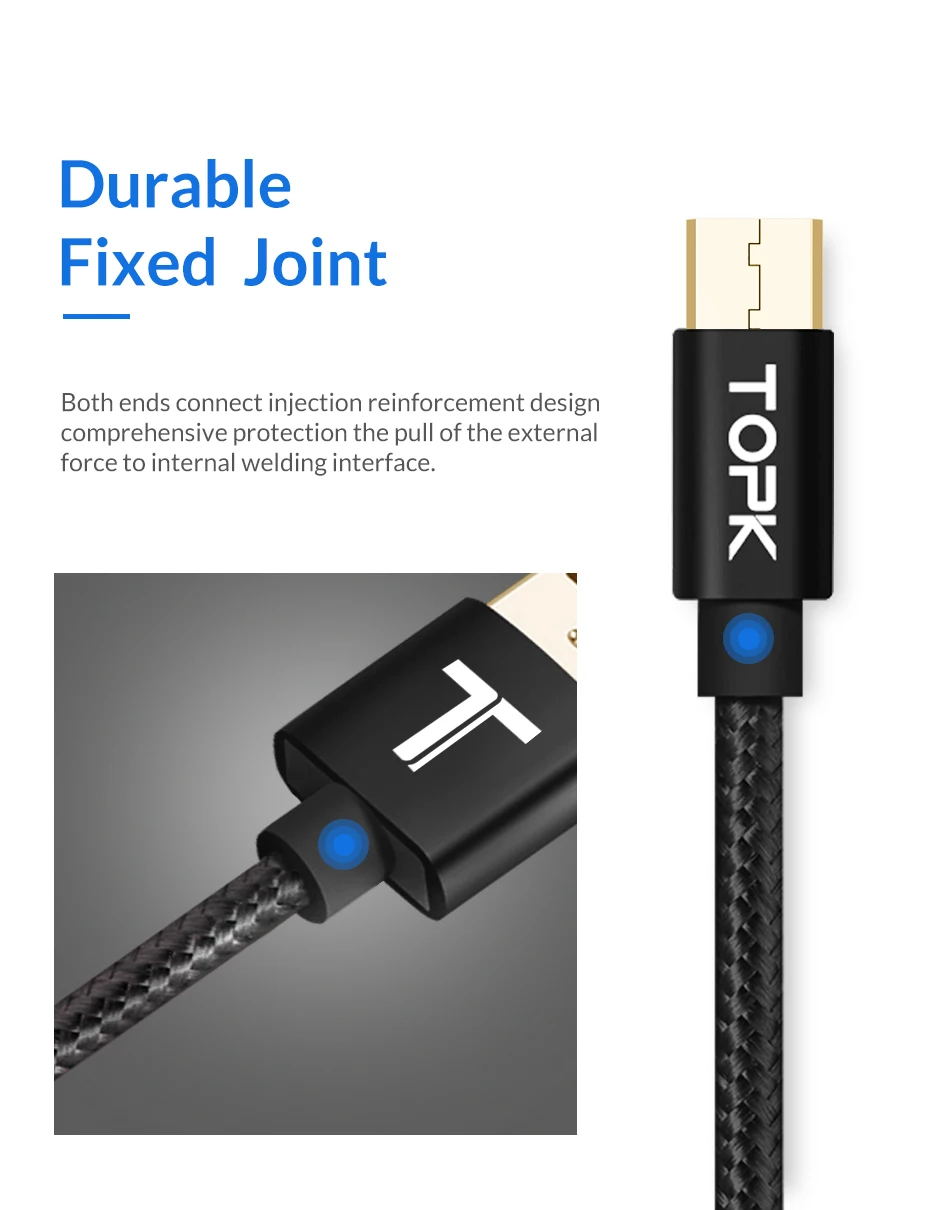 TOPK AN01 ультра прочный нейлоновый плетеный провод металлический штекер для синхронизации данных и зарядки Micro USB кабель для samsung Xiaomi huawei htc