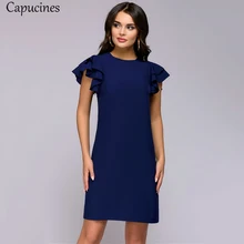 Твердый Многослойные Волан рукав Летнее платье женское мода Оборка без спинки Платья женские Леди Повседневная Темно-синий Прямо Платье женское большой размер мини короткое платье