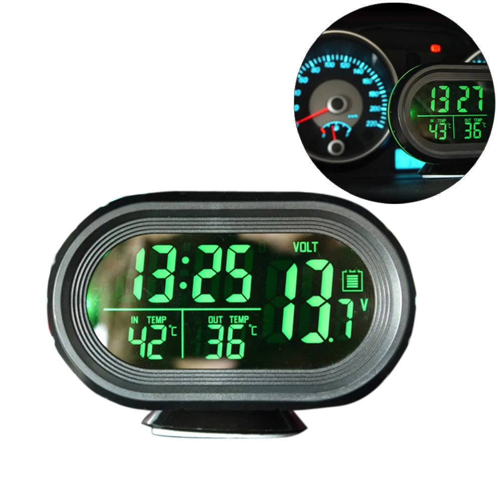 DSstyles Car Temperature Gauge 3 in 1 Digital Car Thermometer Car Clock with Voltmeter Monitor LCD Display Blue and Orange Backlight DC 12V Freeze Alert