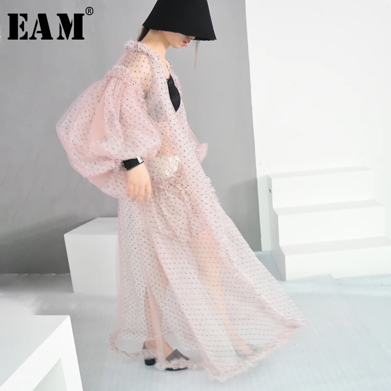 

[EAM]2019 New Spring Summer V-collar Long Lantern Sleeve Dot Printed Perspective Big Size Long Shirt Women Blouse Fashion JF394