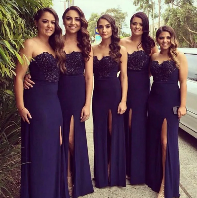 Navy Blue 2017 Sheath Sweetheart Floor Length Appliques Lace Slit Long font b Bridesmaid b font