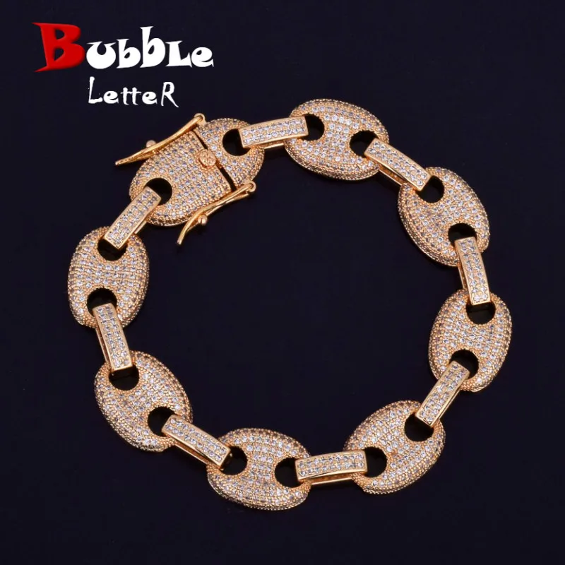 12MM Gold Men's Cuban Link Chain Bracelet Men's Hip hop Jewelry Copper Material Iced Cubic Zircon Chain Bracelet 8"