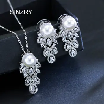 

SINZRY party luxury bright CZ jewelry set cubic Zirconia immitation pearl choker Necklace Earring Jewelry sets for women