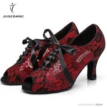 Женский, черный/с красным кружевом Бальные Туфли для латинских танцев женские кизомба Танго Обувь для танцев, среднем и высоком каблуке 5/6/7,5/8,5 см jusedanc