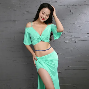 

Bellydance Off-shoulder Spaghetti Strap Belly dance Placketing Skirt 2pcs set for women Gypsy Costume Performance Wears ZM220