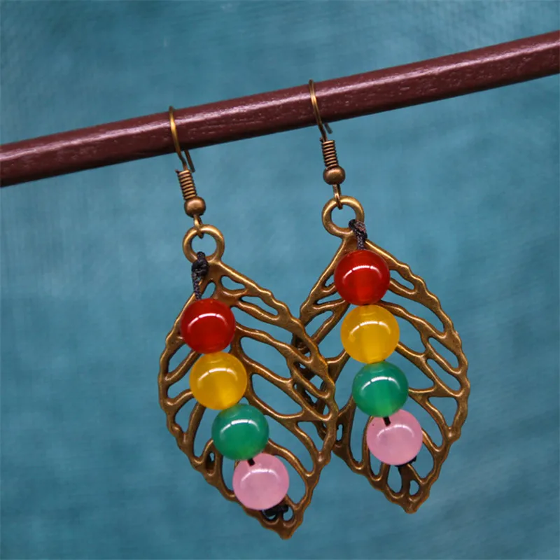 

2018 Spring New Chinese Earrings Colored Chalcedony Alloy Earrings Leaves Female Jewelry Factory Sales Holiday Gifts