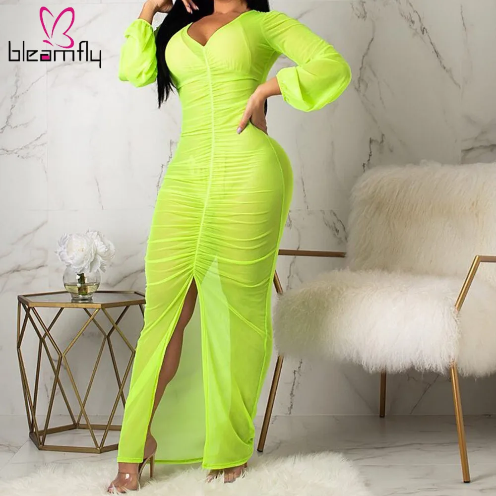 

Sexy Neon Green Black Sheer Mesh Tight Maxi Dress Women Long Sleeve Slit Party Club Dresses See Through Boho Beach Dress Clothes