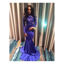 2017 Sexy Applique Spitze Royal Blue Langarm Prom Kleider Ausgestattet Mermaid Abendkleid Elastischem Satin vestidos de gala