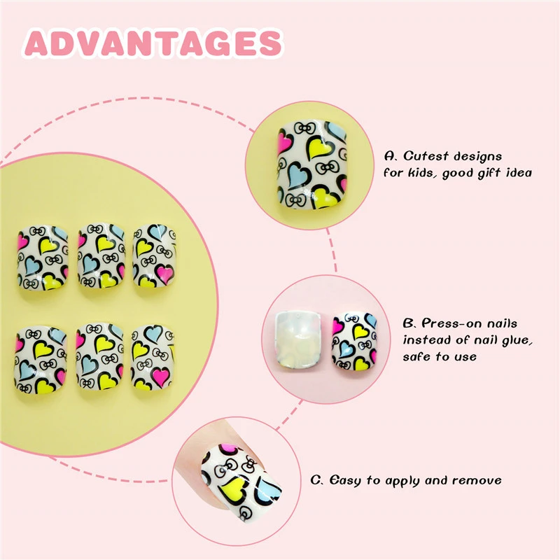

24pcs Fake Nail Tips Heart Short False Nails with Glue Nails Art Decoration Women Children Acrylic Press on Children New