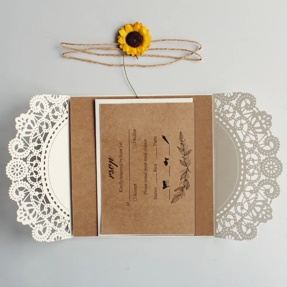  Laser Cut Wedding Invitations Ivory Wedding Invite Sunflower Invitation Cards With Envelope - Set o - 32884896917